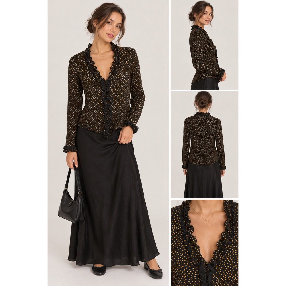 Boden Ruffle Trim Cardigan Womens 12 Black Gold Polka Dot Jersey Top Long Sleeve